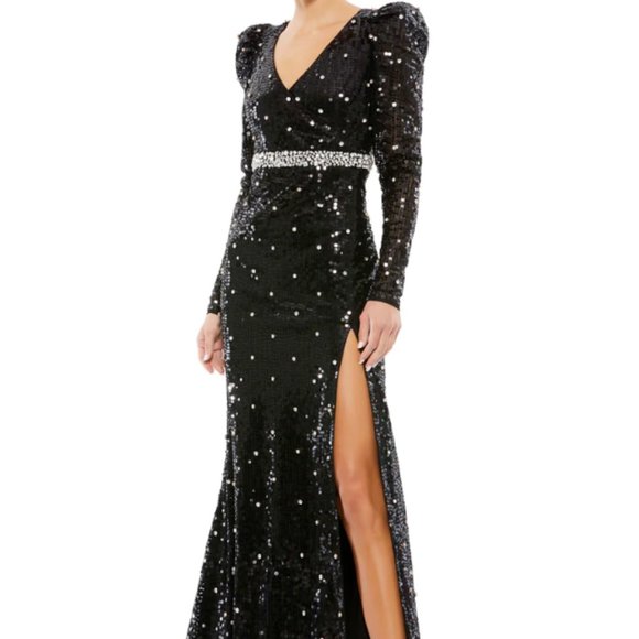 MAC DUGGAL 10736 SEQUINED FAUX WRAP PUFF SLEEVE TRUMPET BLACK GOWN sz 6 - Picture 5 of 8